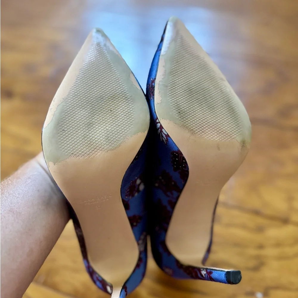 ZARA Blue Floral Brocade Stiletto Pumps 6.5 Pointed Toe Bohemian Luxe Heels
